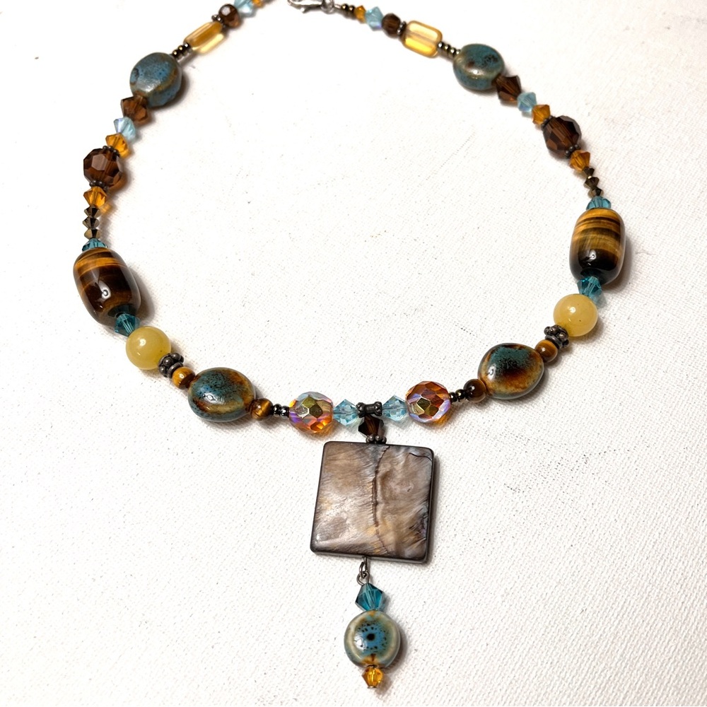 Chunky Tiger Eye Yellow Agate Colorful Faceted Glass Necklace Square Drop Shell